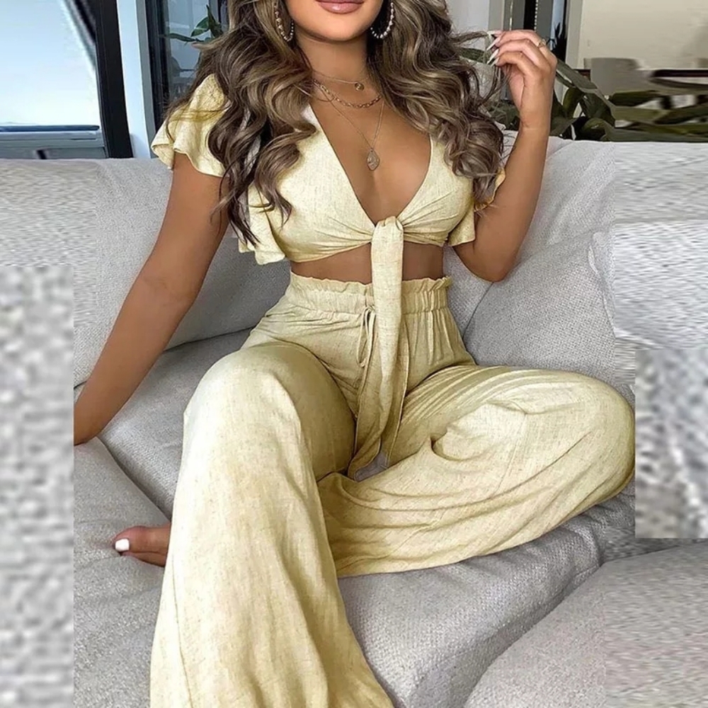 Ruffle sleeves crop top and pant set